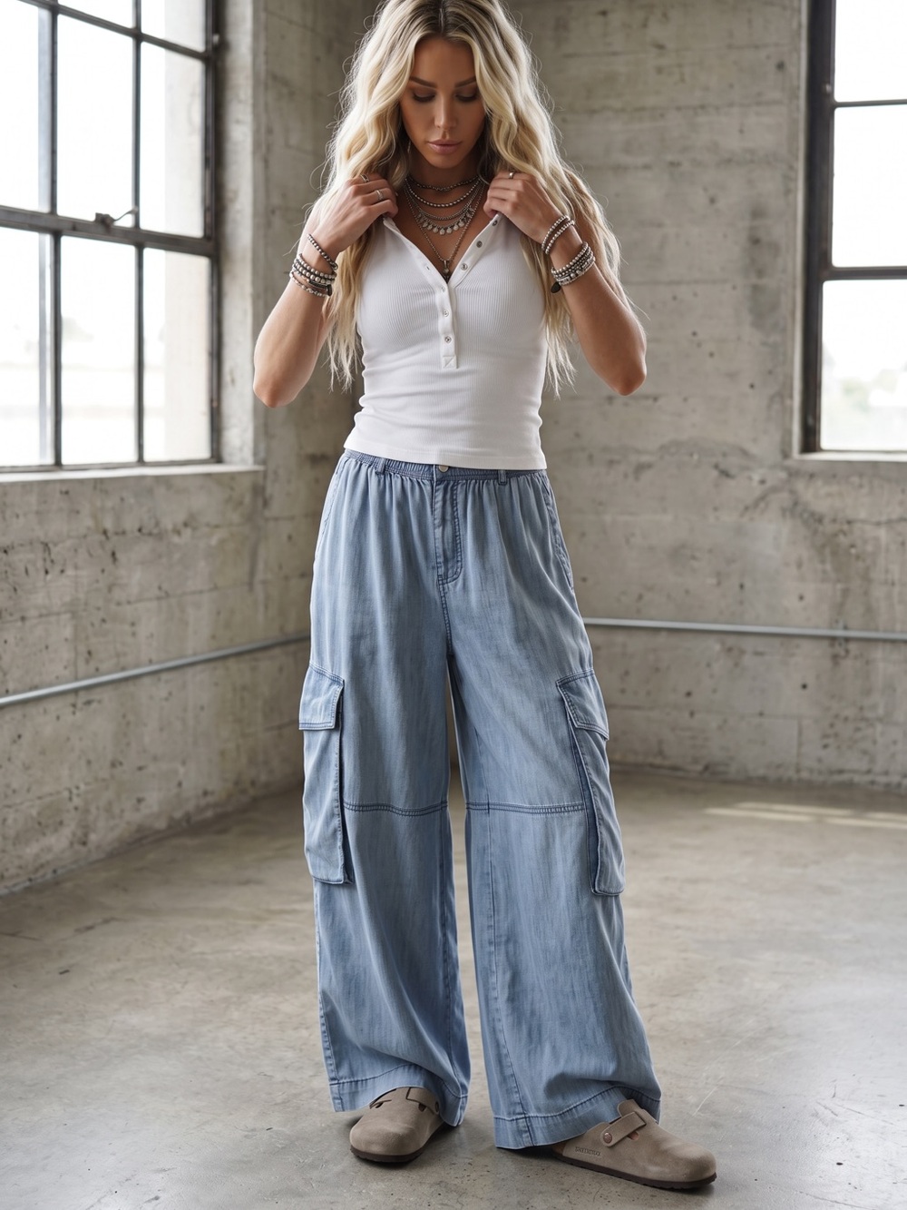 NWT Easel Chambray Denim Cargo Pants Wide Leg Baggy Fit - Picture 2 of 9